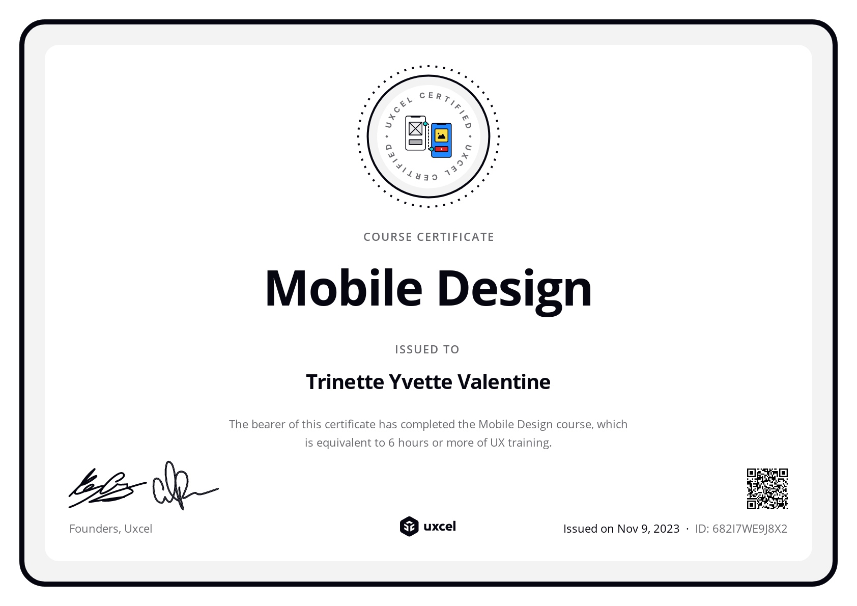 Trinette Yvette Valentine's certificate